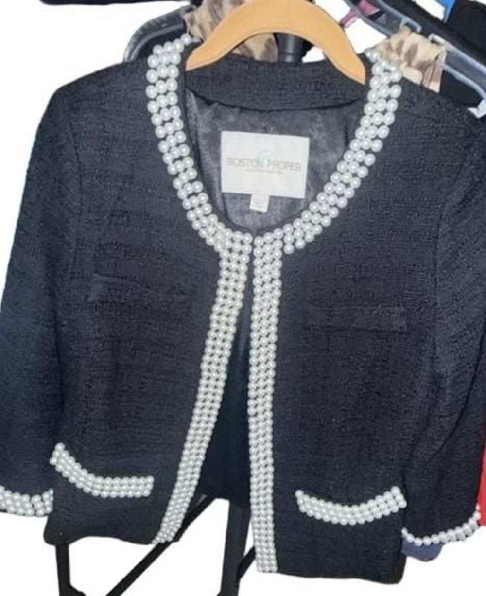 Boston Proper Black Tweed Pearl Trim Open Front Jacket Size 12